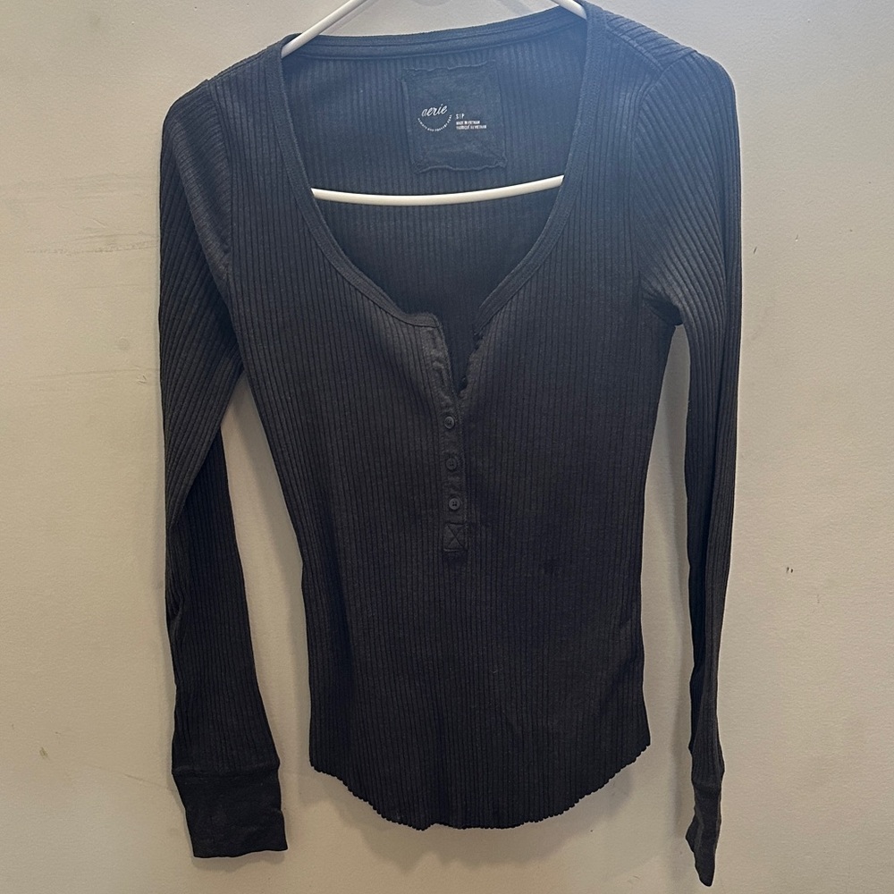 Aerie Charcoal Ribbed Button-Front Bodysuit